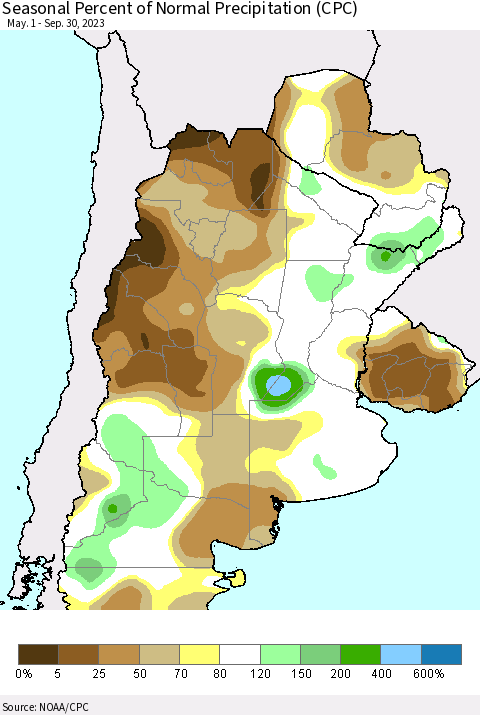 Southern South America Seasonal Percent of Normal Precipitation (CPC) Thematic Map For 5/1/2023 - 9/30/2023