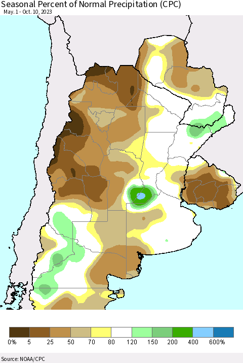 Southern South America Seasonal Percent of Normal Precipitation (CPC) Thematic Map For 5/1/2023 - 10/10/2023