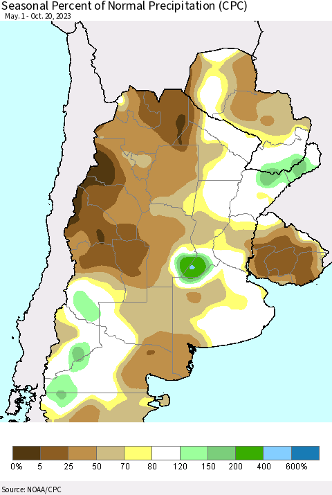 Southern South America Seasonal Percent of Normal Precipitation (CPC) Thematic Map For 5/1/2023 - 10/20/2023