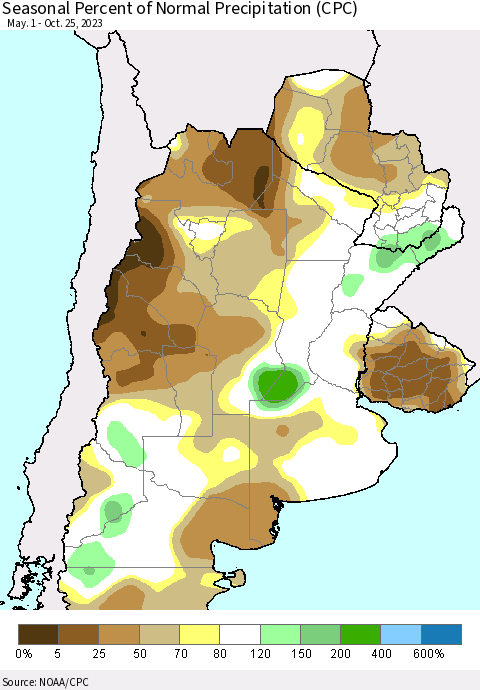 Southern South America Seasonal Percent of Normal Precipitation (CPC) Thematic Map For 5/1/2023 - 10/25/2023