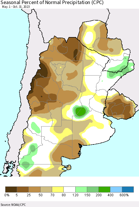 Southern South America Seasonal Percent of Normal Precipitation (CPC) Thematic Map For 5/1/2023 - 10/31/2023