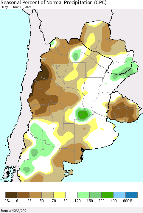 Southern South America Seasonal Percent of Normal Precipitation (CPC) Thematic Map For 5/1/2023 - 11/10/2023