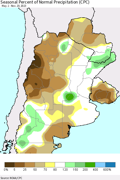 Southern South America Seasonal Percent of Normal Precipitation (CPC) Thematic Map For 5/1/2023 - 11/20/2023
