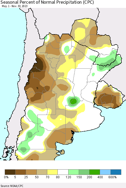 Southern South America Seasonal Percent of Normal Precipitation (CPC) Thematic Map For 5/1/2023 - 11/30/2023