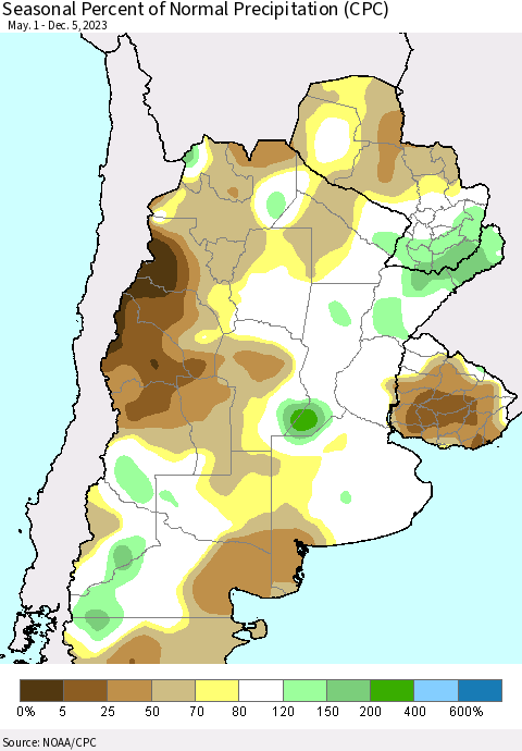 Southern South America Seasonal Percent of Normal Precipitation (CPC) Thematic Map For 5/1/2023 - 12/5/2023