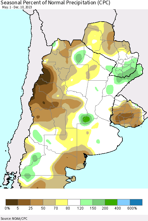 Southern South America Seasonal Percent of Normal Precipitation (CPC) Thematic Map For 5/1/2023 - 12/10/2023