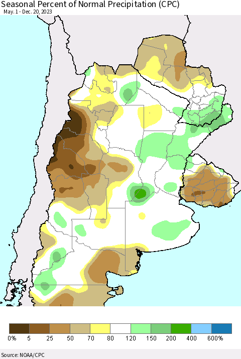Southern South America Seasonal Percent of Normal Precipitation (CPC) Thematic Map For 5/1/2023 - 12/20/2023