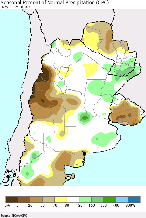 Southern South America Seasonal Percent of Normal Precipitation (CPC) Thematic Map For 5/1/2023 - 12/31/2023