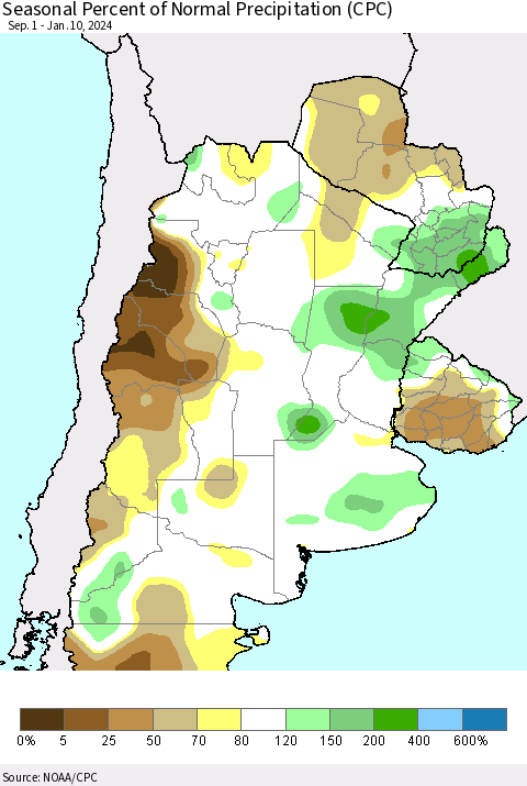 Southern South America Seasonal Percent of Normal Precipitation (CPC) Thematic Map For 9/1/2023 - 1/10/2024
