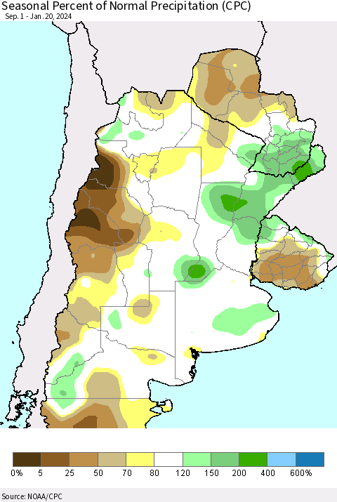 Southern South America Seasonal Percent of Normal Precipitation (CPC) Thematic Map For 9/1/2023 - 1/20/2024