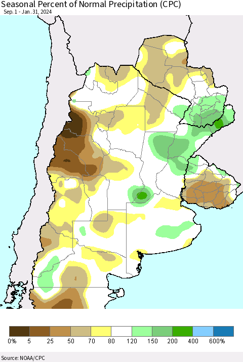 Southern South America Seasonal Percent of Normal Precipitation (CPC) Thematic Map For 9/1/2023 - 1/31/2024