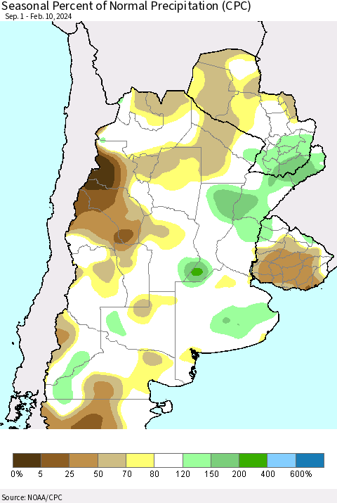 Southern South America Seasonal Percent of Normal Precipitation (CPC) Thematic Map For 9/1/2023 - 2/10/2024