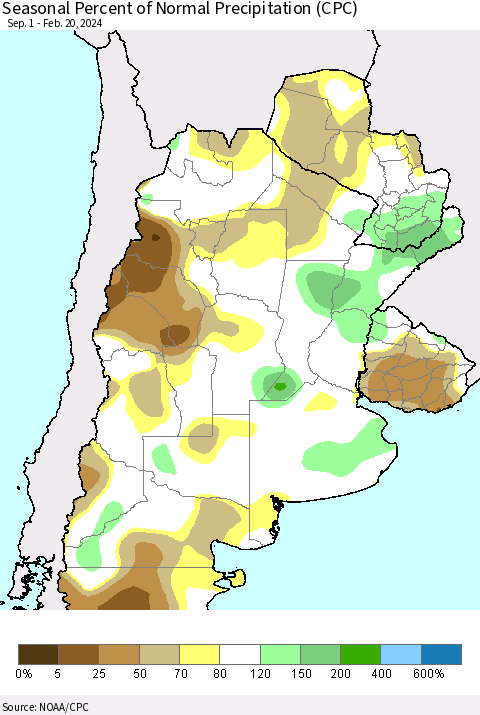 Southern South America Seasonal Percent of Normal Precipitation (CPC) Thematic Map For 9/1/2023 - 2/20/2024