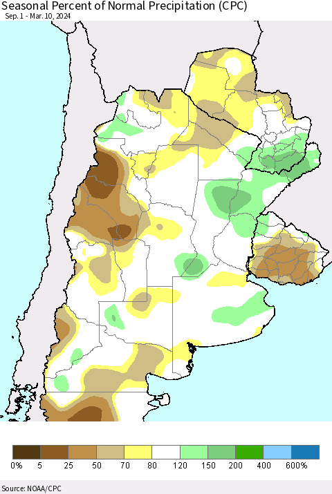 Southern South America Seasonal Percent of Normal Precipitation (CPC) Thematic Map For 9/1/2023 - 3/10/2024