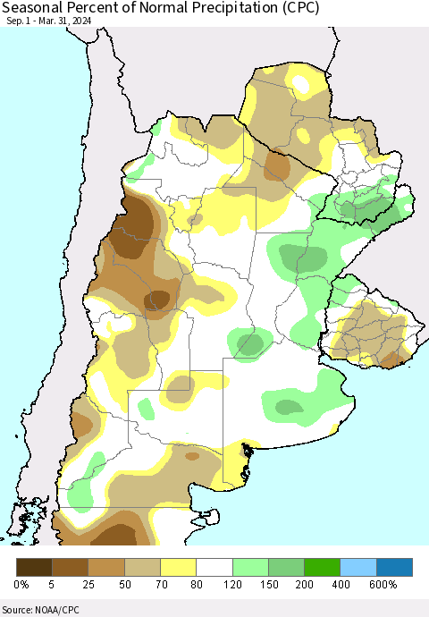 Southern South America Seasonal Percent of Normal Precipitation (CPC) Thematic Map For 9/1/2023 - 3/31/2024