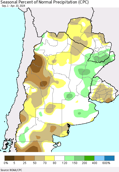Southern South America Seasonal Percent of Normal Precipitation (CPC) Thematic Map For 9/1/2023 - 4/10/2024