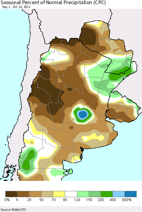 Southern South America Seasonal Percent of Normal Precipitation (CPC) Thematic Map For 9/1/2023 - 10/10/2023