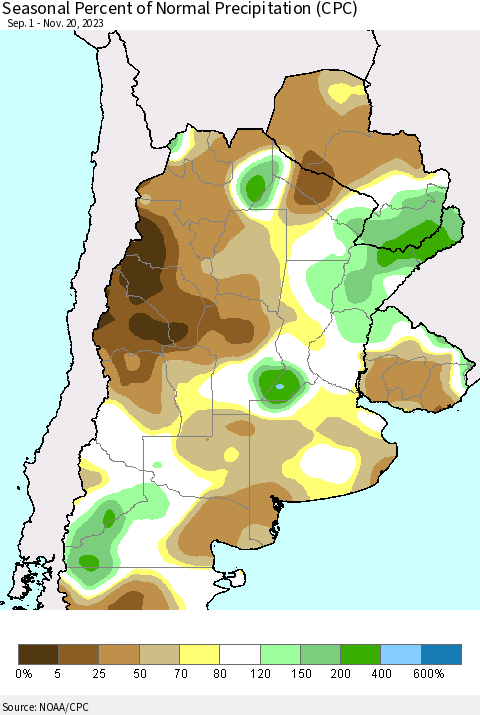 Southern South America Seasonal Percent of Normal Precipitation (CPC) Thematic Map For 9/1/2023 - 11/20/2023