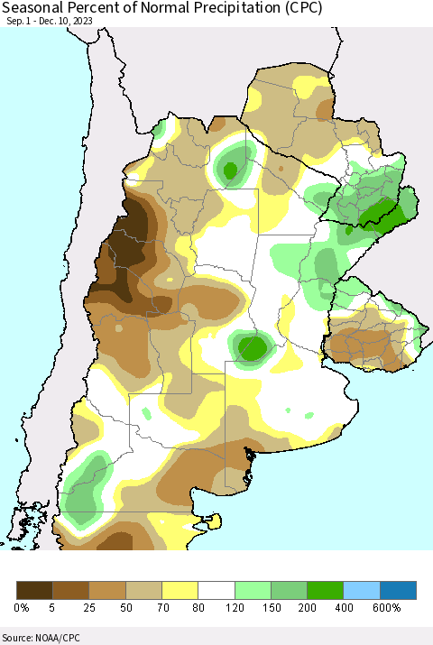 Southern South America Seasonal Percent of Normal Precipitation (CPC) Thematic Map For 9/1/2023 - 12/10/2023