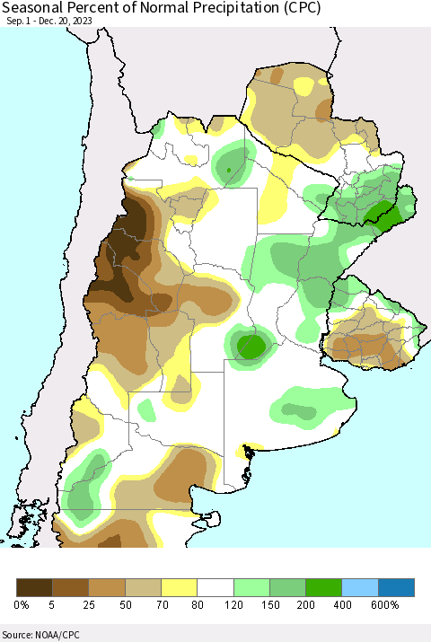 Southern South America Seasonal Percent of Normal Precipitation (CPC) Thematic Map For 9/1/2023 - 12/20/2023