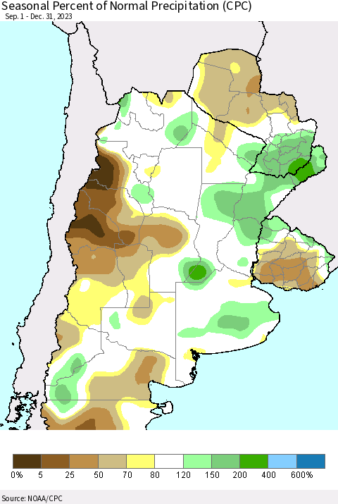 Southern South America Seasonal Percent of Normal Precipitation (CPC) Thematic Map For 9/1/2023 - 12/31/2023