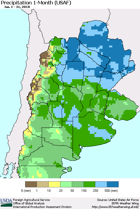 Southern South America Precipitation 1-Month (USAF) Thematic Map For 1/1/2018 - 1/31/2018