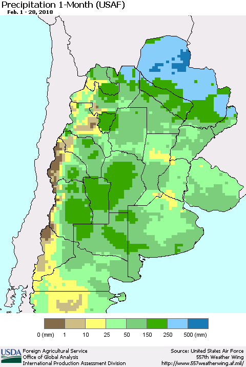 Southern South America Precipitation 1-Month (USAF) Thematic Map For 2/1/2018 - 2/28/2018