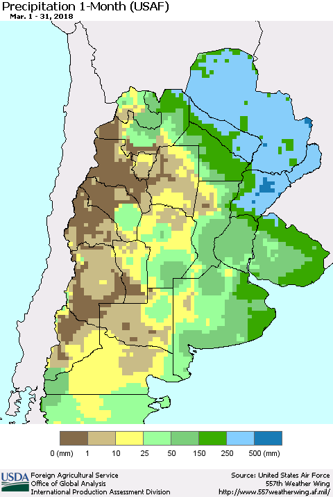 Southern South America Precipitation 1-Month (USAF) Thematic Map For 3/1/2018 - 3/31/2018