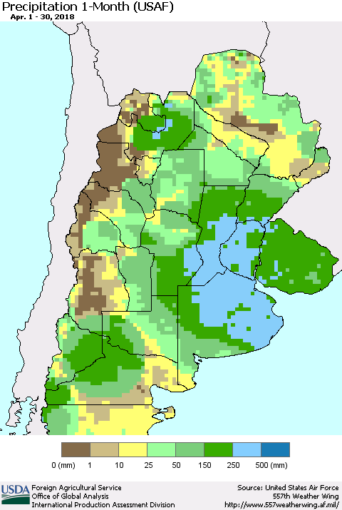 Southern South America Precipitation 1-Month (USAF) Thematic Map For 4/1/2018 - 4/30/2018