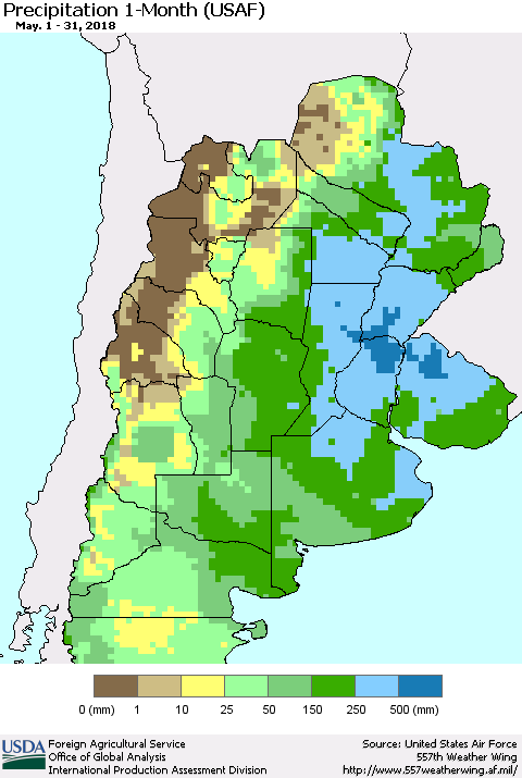 Southern South America Precipitation 1-Month (USAF) Thematic Map For 5/1/2018 - 5/31/2018