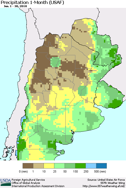 Southern South America Precipitation 1-Month (USAF) Thematic Map For 6/1/2018 - 6/30/2018