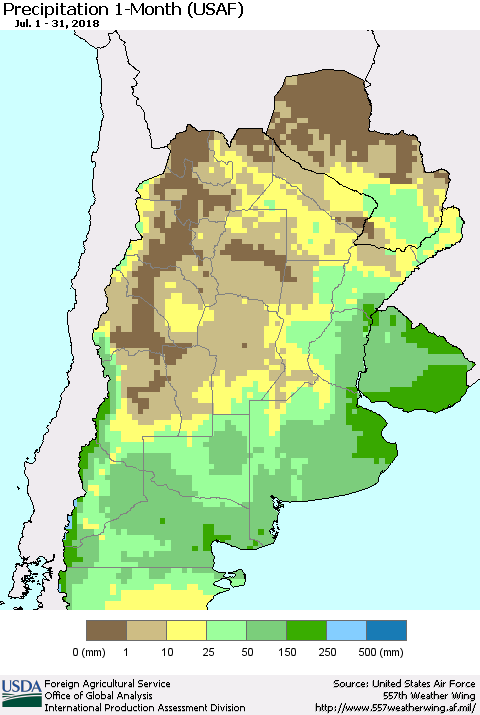 Southern South America Precipitation 1-Month (USAF) Thematic Map For 7/1/2018 - 7/31/2018