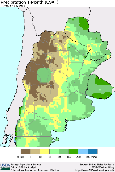 Southern South America Precipitation 1-Month (USAF) Thematic Map For 8/1/2018 - 8/31/2018