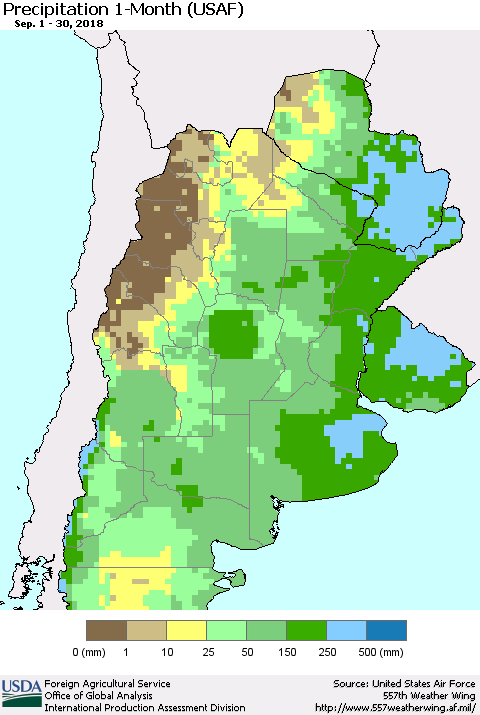 Southern South America Precipitation 1-Month (USAF) Thematic Map For 9/1/2018 - 9/30/2018