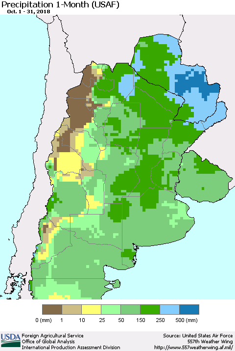 Southern South America Precipitation 1-Month (USAF) Thematic Map For 10/1/2018 - 10/31/2018