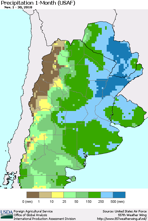 Southern South America Precipitation 1-Month (USAF) Thematic Map For 11/1/2018 - 11/30/2018