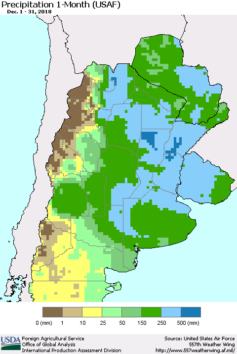 Southern South America Precipitation 1-Month (USAF) Thematic Map For 12/1/2018 - 12/31/2018