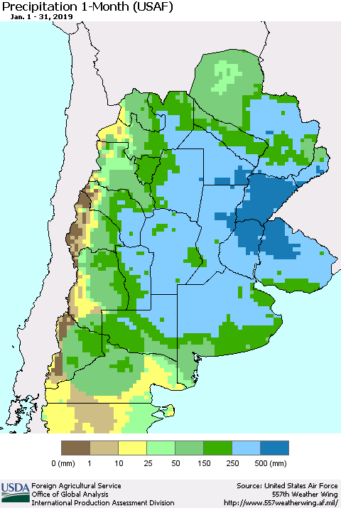 Southern South America Precipitation 1-Month (USAF) Thematic Map For 1/1/2019 - 1/31/2019