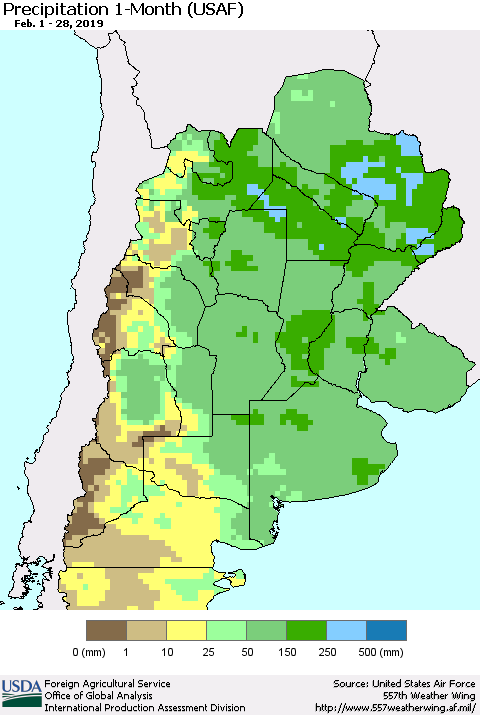 Southern South America Precipitation 1-Month (USAF) Thematic Map For 2/1/2019 - 2/28/2019