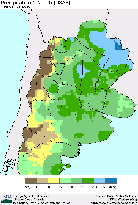 Southern South America Precipitation 1-Month (USAF) Thematic Map For 3/1/2019 - 3/31/2019