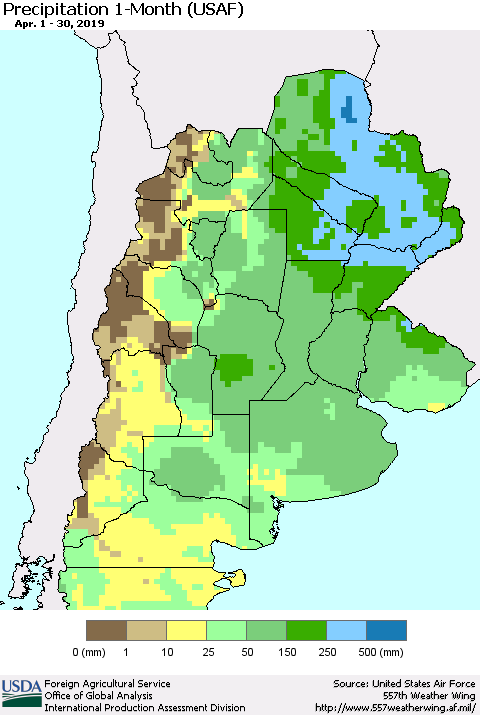 Southern South America Precipitation 1-Month (USAF) Thematic Map For 4/1/2019 - 4/30/2019