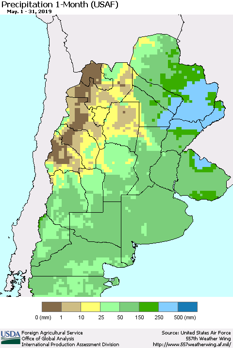 Southern South America Precipitation 1-Month (USAF) Thematic Map For 5/1/2019 - 5/31/2019