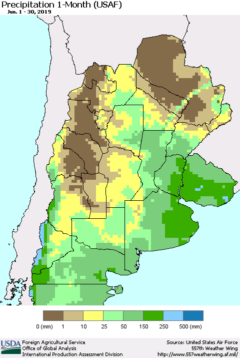 Southern South America Precipitation 1-Month (USAF) Thematic Map For 6/1/2019 - 6/30/2019