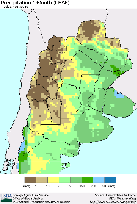 Southern South America Precipitation 1-Month (USAF) Thematic Map For 7/1/2019 - 7/31/2019