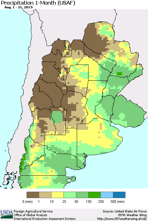 Southern South America Precipitation 1-Month (USAF) Thematic Map For 8/1/2019 - 8/31/2019