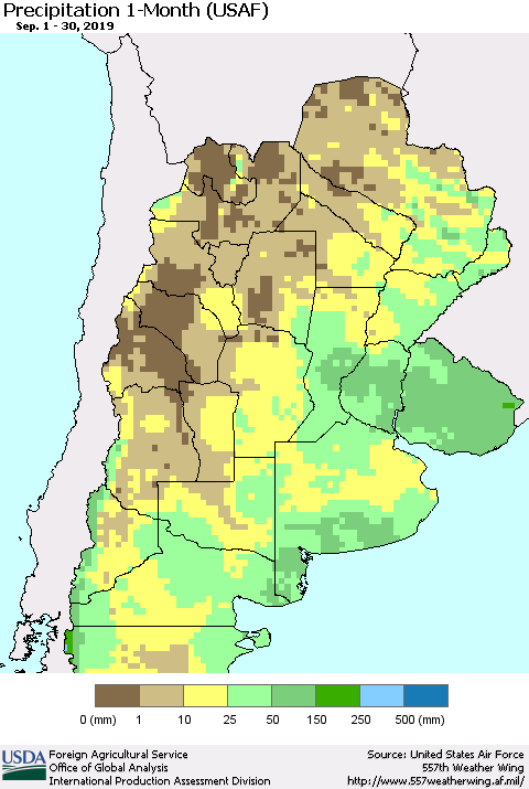 Southern South America Precipitation 1-Month (USAF) Thematic Map For 9/1/2019 - 9/30/2019