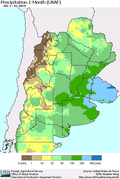 Southern South America Precipitation 1-Month (USAF) Thematic Map For 10/1/2019 - 10/31/2019