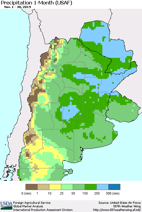 Southern South America Precipitation 1-Month (USAF) Thematic Map For 11/1/2019 - 11/30/2019