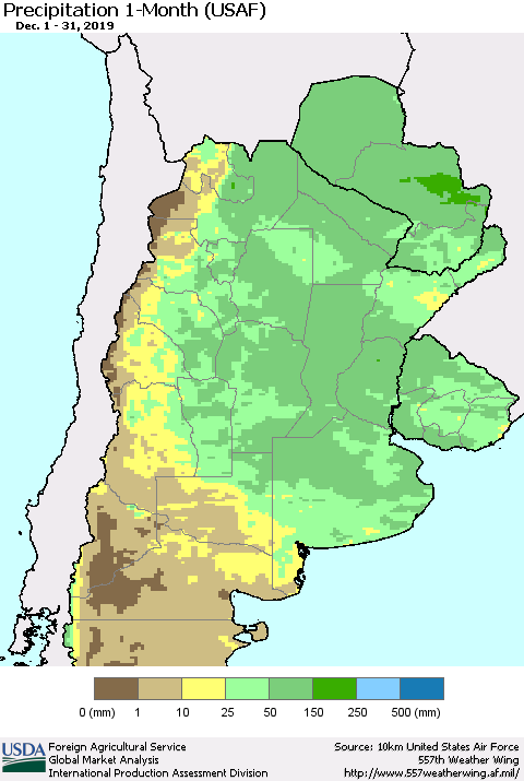 Southern South America Precipitation 1-Month (USAF) Thematic Map For 12/1/2019 - 12/31/2019