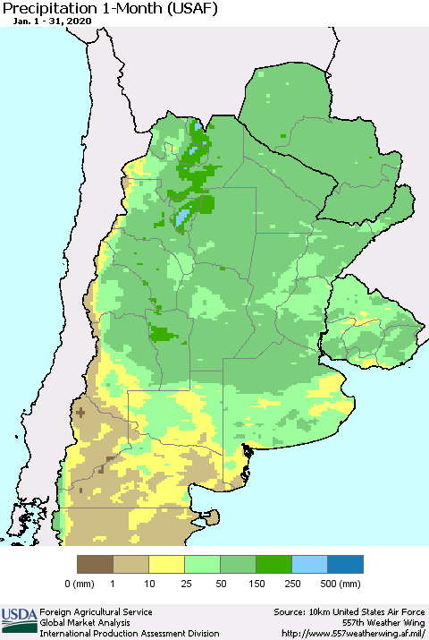 Southern South America Precipitation 1-Month (USAF) Thematic Map For 1/1/2020 - 1/31/2020
